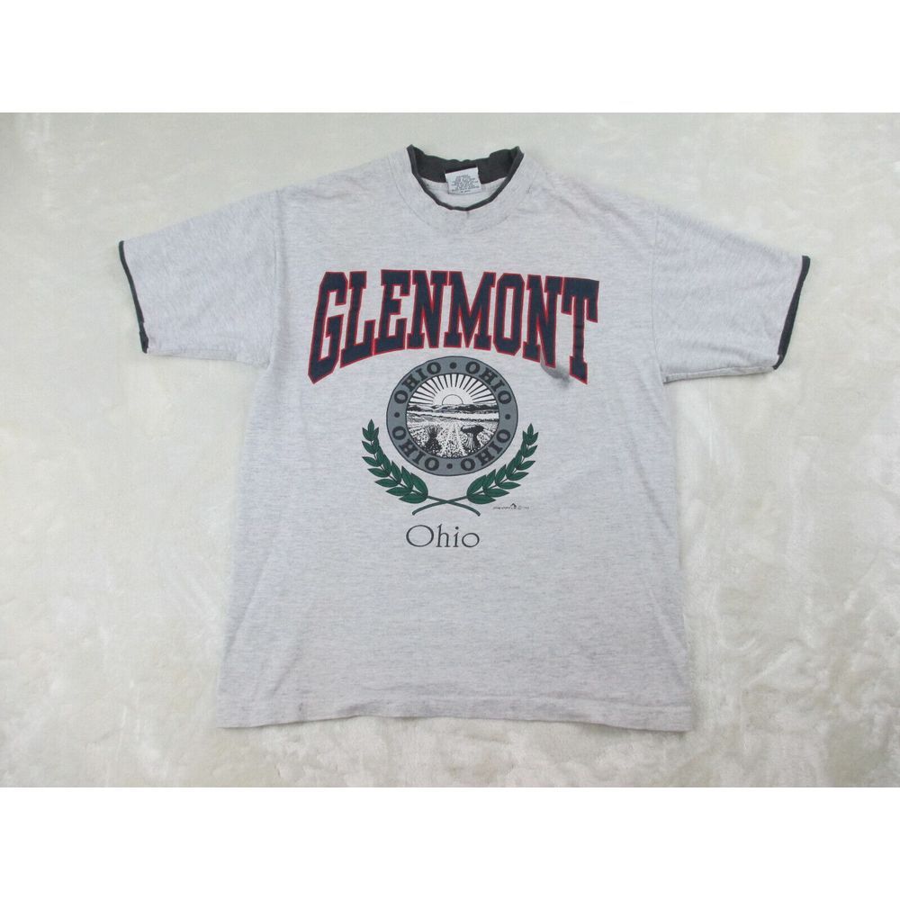 VINTAGE Glenmont Ohio Shirt Mens Medium Gray Blue Cotton USA 90s Casual*